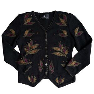 Peruvian Connection XS Alpaca Pima Cotton Black Victorian Leaf Cardigan Sweater